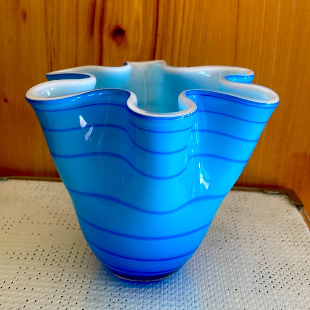 VINTAGE Hand Blown Handkerchief Striped Blue Vase